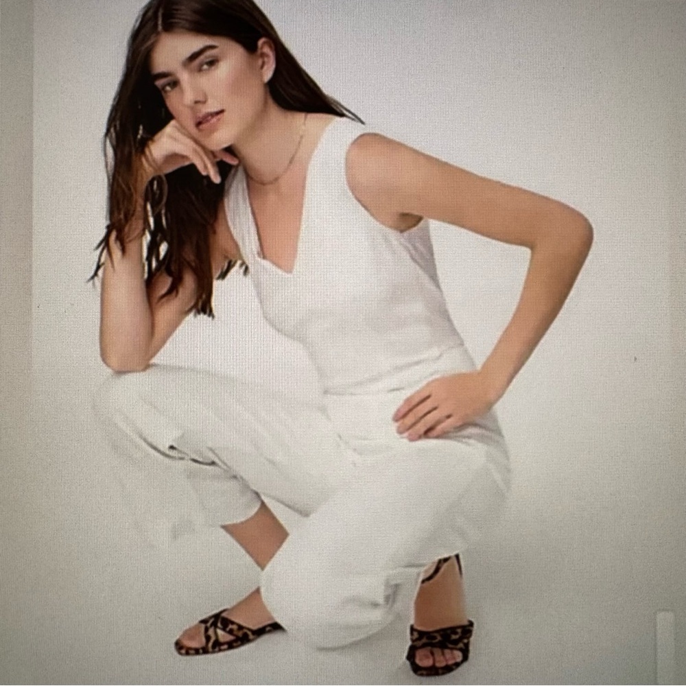 J.Crew V-Neck Denim Wide Leg Cropped Jumpsuit White Denim Cotton Size 4